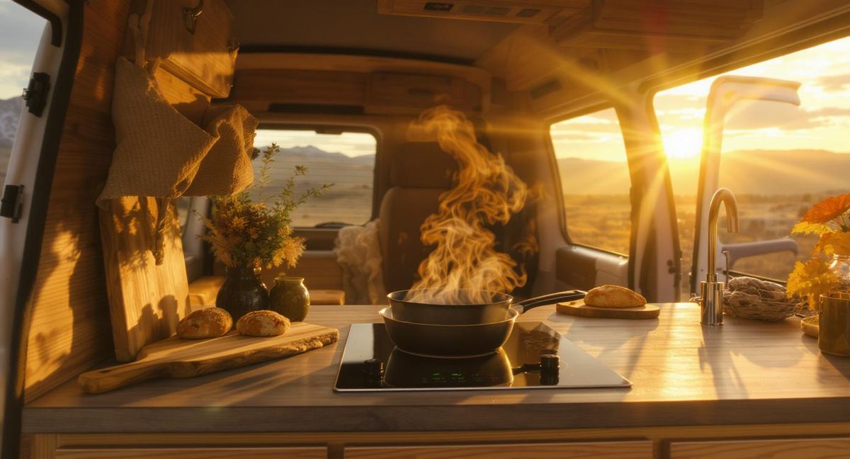 Van life kitchen at golden hour